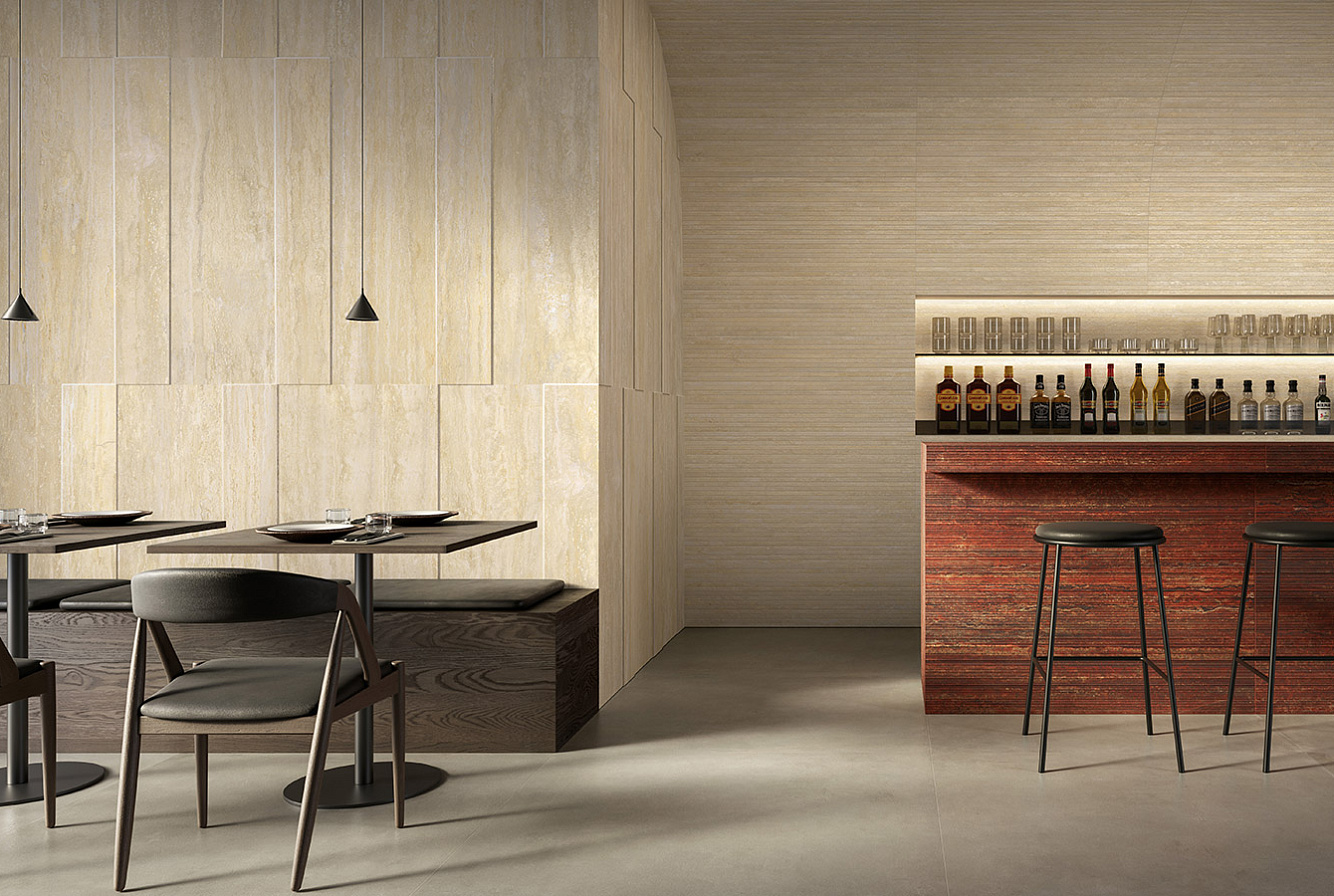 I TRAVERTINI BEIGE DECORO RILIEVO 3D / ROSSO VEIN CUT RIBBED / BEIGE LISTELLO TRATTO